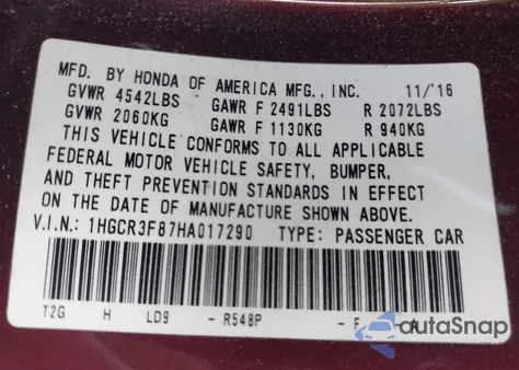 2017 Honda Accord Ex-L V6 из США, поврежденный, VIN 1HGCR3F87HA017290